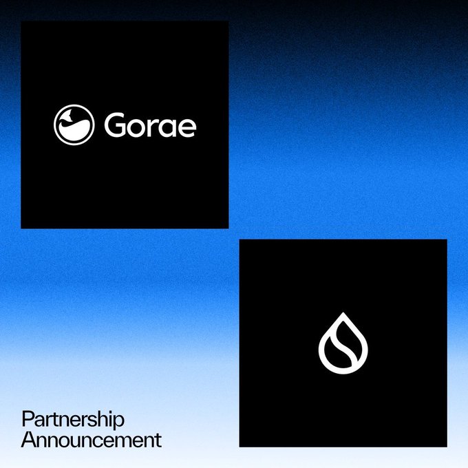 A partnership announcement graphic displaying the "Gorae" logo in a black square and a flame/drop icon in another black square against a blue gradient background.