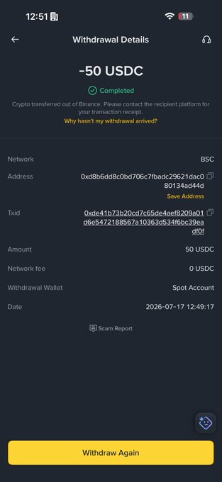 The image shows a completed withdrawal details screen for 50 USDC on the Binance exchange via BSC network, with a transaction ID (Txid) and date of 2026-07-17. It serves as proof of the $50 transfer the poster mentioned sending to @habiba_islamX in their giveaway announcement.