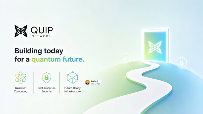 A promotional graphic for 'QUIP NETWORK' with the tagline 'Building today for a quantum future,' highlighting features like Quantum Computing, Post-Quantum Security, and Future-Ready Infrastructure.
