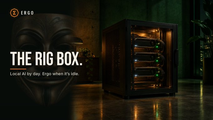 Promotional image for 'ERGO' featuring 'THE RIG BOX' with the tagline 'Local AI by day. Ergo when it's idle,' showing a black server-style box with glowing components next to a masked face sculpture.