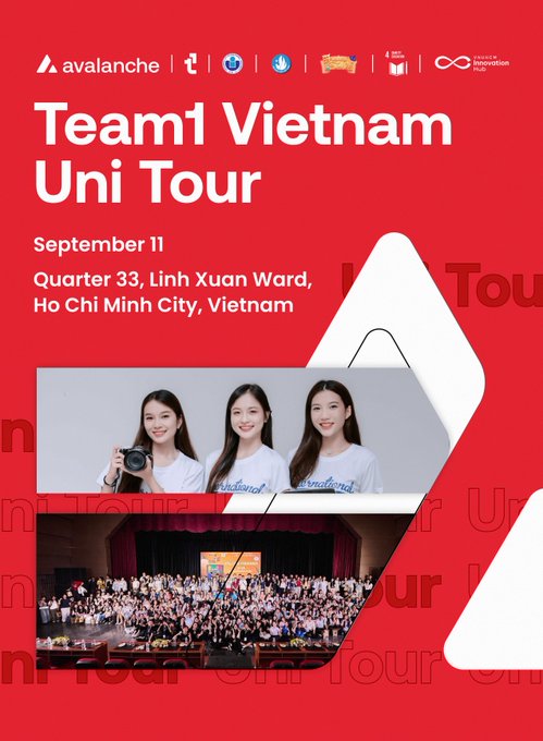 A red promotional poster for 'Team1 Vietnam Uni Tour' on September 11 at Quarter 33, Linh Xuan Ward, Ho Chi Minh City, featuring sponsor logos including Avalanche and photos of smiling presenters with an audience below.