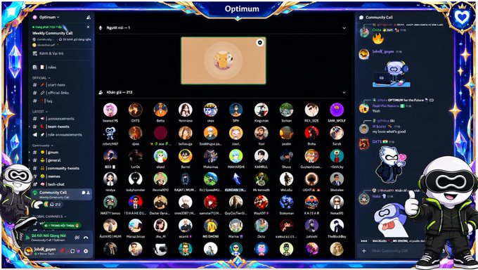 Discord interface for the 'Optimum' community showing channels, members with avatar pictures, and chat messages, decorated with cartoon character graphics.