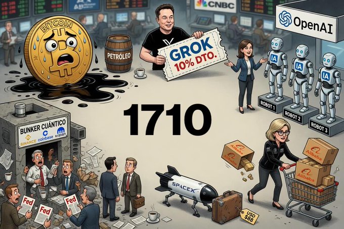A colorful collage-style illustration depicting various news and tech topics, including a sweating Bitcoin coin, Elon Musk holding a 'GROK 10% DTO.' coupon, OpenAI robots labeled 'ROBOT 1-3', CNBC branding, 'BUNKER CUÁNTICO', a 'SPACEX' rocket, Amazon boxes, and people labeled 'Fed' in a chaotic scene centered around the number '1710'.