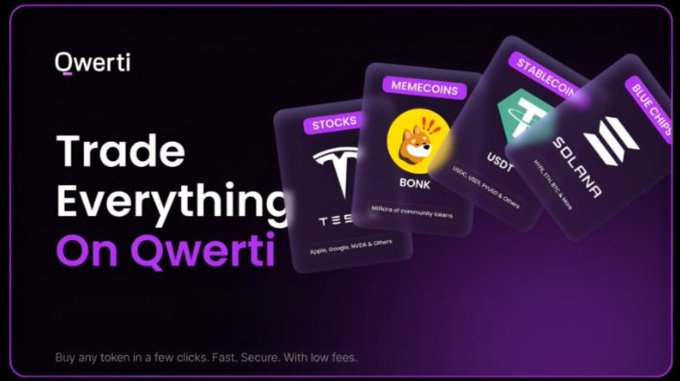 A promotional graphic for "Qwerti" with the tagline "Trade Everything On Qwerti," showcasing cards for various asset categories including Stocks (Tesla), Memecoins (Bonk), Stablecoins (USDT), and Blue Chips (Solana).