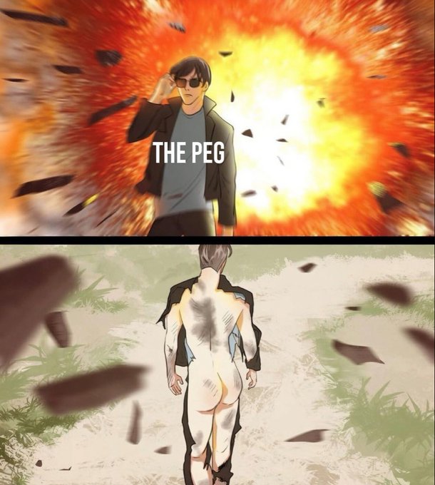 This comic depicts "THE PEG" as an explosion, with a man walking away seemingly unscathed, representing the message of bridging to PulseChain now to avoid market disruption.