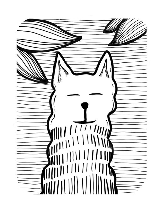 A black and white line drawing of a cat with its eyes closed, surrounded by horizontal lines and stylized leaves.