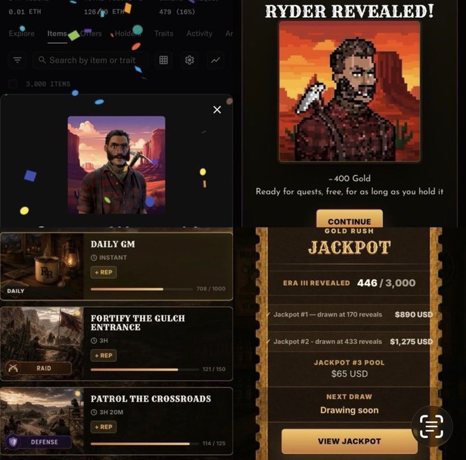 A screenshot of a web-based game or NFT interface showing a "RYDER REVEALED!" pixel-art character against a desert background, with sections for "DAILY GM", "FORTIFY THE GULCH ENTRANCE", "PATROL THE CROSSROADS", and a "GOLD RUSH JACKPOT" displaying reveal counts and USD prize values.