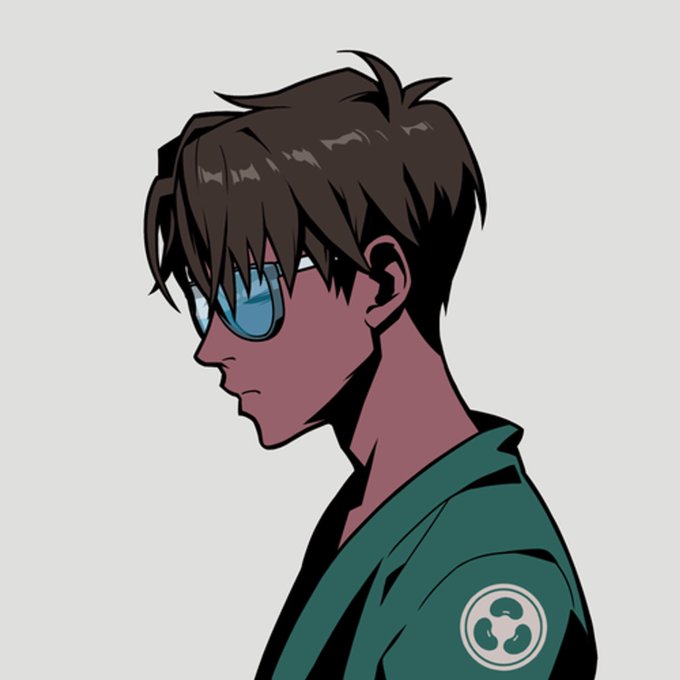 An anime-style illustration shows a young man with brown hair, blue sunglasses, and a green outfit in profile against a white background.