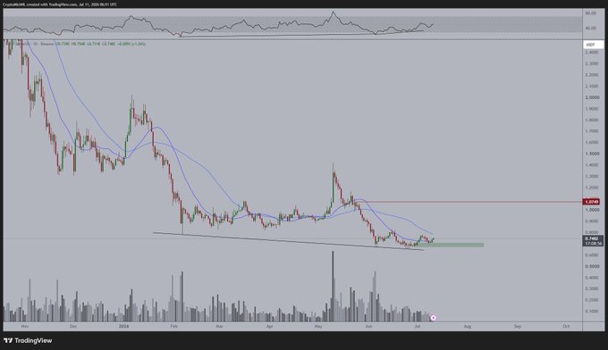 A TradingView candlestick chart of $SUI/USDT on Binance displays a downward trend from late 2023 through mid-2024, with price currently hovering around $0.76-0.82 near a rising support trendline (highlighted in green), suggesting an upcoming breakout attempt. The 20 SMA (0.7790) and 50 SMA (0.7548) are converging as RSI sits at 46.85, supporting the post's bullish anticipation of a break above $0.82 toward $1.00-1.20.