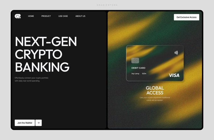 A dark-themed website landing page for a "NEXT-GEN CRYPTO BANKING" service, featuring a digital debit card against a green and yellow abstract background with a "Join the Waitlist" button.