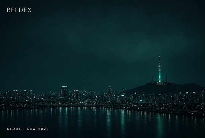 Nighttime cityscape of Seoul with the illuminated Namsan Tower (N Seoul Tower) on a hilltop, city lights reflecting on the river, with text 'BELDEX' and 'SEOUL • KBW 2026'.
