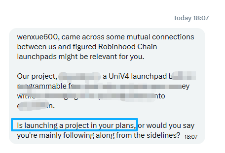 A Telegram message at 18:07 discusses Robinhood Chain launchpads and asks the recipient 'Is launching a project in your plans, or would you say you're mainly following along from the sidelines?'