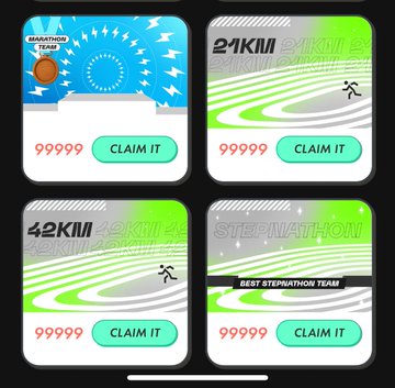 A mobile app screen showing four game reward cards (Marathon Temp, 21km, 42km, StepATHLON) each displaying '99999' points and a 'CLAIM IT' button.
