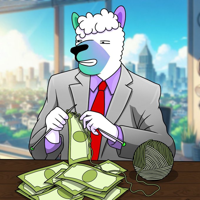 An anthropomorphic sheep in a business suit sits at a desk in a high-rise office, knitting a sweater made of cash/stock certificates from a ball of money-yarn, with stacks of cash in front of him—visually representing the post's message that August was productive but September needs to start delivering results instead of wasting time.