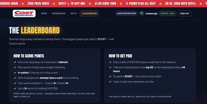A leaderboard page for the $HOTDOG token rewards program hosted on HotDogCostcoRH, outlining scoring rules (giving away hot dogs, referrals, card multipliers up to 2x) and payment in $COST tokens distributed every 48 hours to the top 25 on-chain holders.