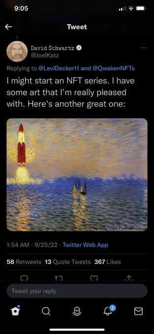 A tweet by David Schwartz (@JoelKatz) replying to @LeviDecker11 and @QwakenNFTs about starting an NFT series, featuring an impressionist painting of a rocket launch over water at sunset.