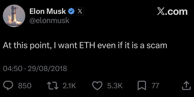 The image features a black background with the words "Elon Musk" written above it. Below this, there is a Twitter post made by @elonmusk, which reads, "At this point, I wantETH even if it is a scam." The context of this statement seems to be related to the price of Ethereum, as suggested in one of the Twitter posts on August 29, 2016, which was around $290.