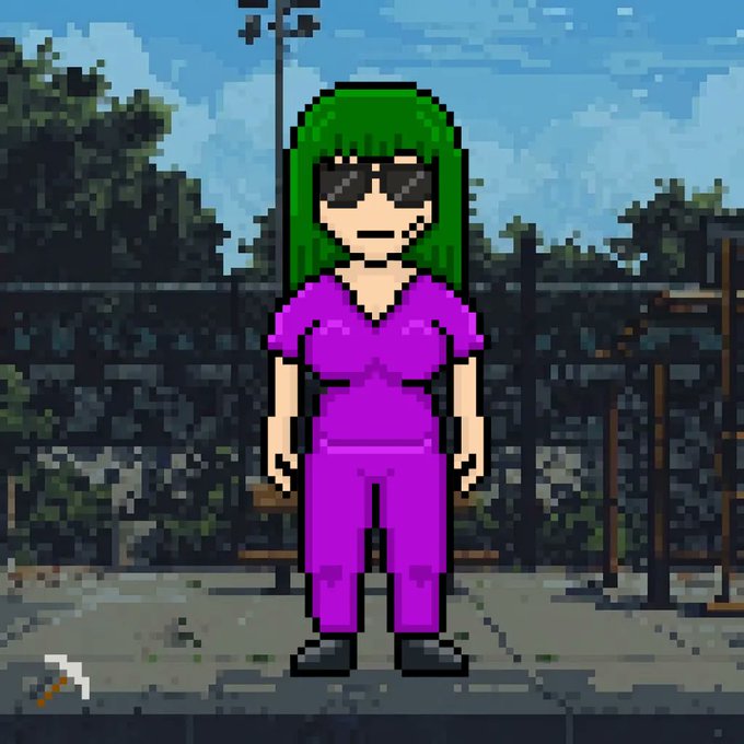 Pixel art character of a woman with green hair, sunglasses, and a purple outfit standing in what appears to be an outdoor park setting.