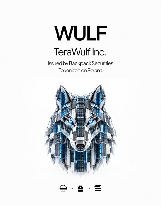 The image displays a promotional graphic for "WULF" (TeraWulf Inc.) featuring a striking metallic wolf head constructed from server/data center hardware, with blue LED-like accents emphasizing its AI computing infrastructure theme. Text on the image states "Issued by Backpack Securities" and "Tokenized on Solana," visually reinforcing the announcement of TeraWulf's tokenized stock ($WULF) now being listed on the Solana blockchain.