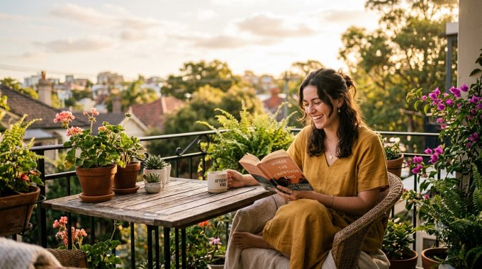 A woman in a mustard yellow dress smiles while reading a book on a plant-filled balcony overlooking a town at golden hour.