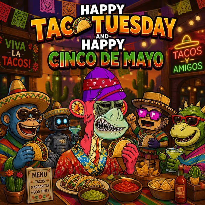 A vibrant digital illustration celebrating 'HAPPY TACO TUESDAY AND HAPPY CINCO DE MAYO' featuring various cartoon characters including a monkey in a sombrero, a robot, a purple ape, a pixelated figure, and a dinosaur, all enjoying tacos and margaritas.