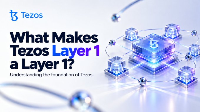 The image is a promotional graphic titled "What Makes Tezos Layer 1 a Layer 1?" with the subtitle "Understanding the foundation of Tezos," featuring the Tezos logo and a stylized 3D illustration of interconnected transparent blue cubes and orbs symbolizing blockchain network infrastructure.

The graphic ties directly to the post's discussion by visually representing Tezos as a foundational Layer 1 blockchain, with the interconnected nodes illustrating the core network architecture that processes transactions and runs smart contracts—reinforcing the message that Tezos is more than just a token-sending platform.
