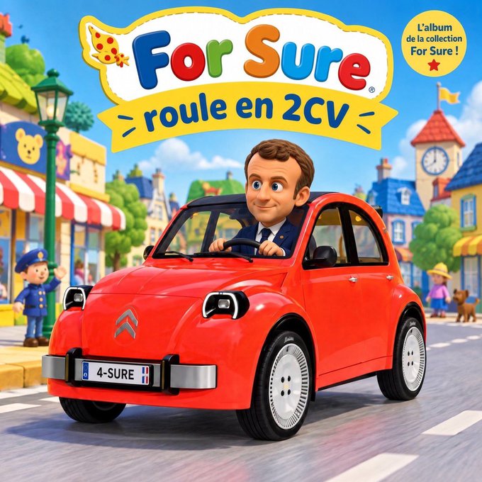 The image shows an album cover titled "For Sure roule en 2CV" featuring a cartoon character driving a red Citroën 2CV through a colorful French village, with a license plate reading "4-SURE." The playful illustration humorously ties into the post's contrast between France's classic 2CV and Tesla's modern Roadster, with the title "For Sure" cleverly doubling as a confirmation of which vehicle the image is "definitely" showcasing.