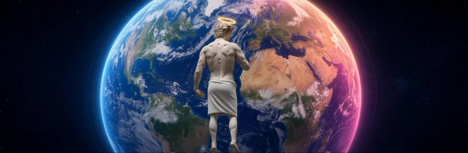 A muscular, classical-style male figure in a white draped cloth stands with his back to the viewer, looking out over a large Earth-like planet surrounded by a glowing blue-and-pink atmosphere.