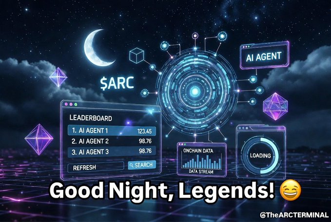 The image features a night sky filled with stars and planets, creating an immersive digital art piece that captures the essence of the night. The background includes various elements such as a moon, clouds, and a crescent moon, which contribute to the overall atmosphere of the scene. In the center of this celestial backdrop, there is a text overlay that reads "Good Night, Legends!". This text serves as a playful and motivational message for viewers who are looking to wind down after a long day or simply want to celebrate their achievements in the world of Web3. The image also includes some logos related to AI, such as a blue circle with a crescent moon inside it and a purple diamond shape that says "AI Agent". Additionally, there is a small amount of text that reads "Autonomous reasoning, multichain data, and smart agents." This information provides context about the content of the image.