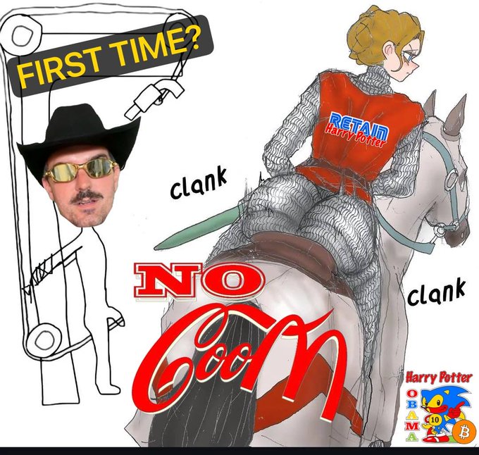 A humorous illustration featuring a stick figure with a cowboy hat and sunglasses asking 'FIRST TIME?' next to a knight in 'RETAIN Harry Potter' armor riding a horse, with 'NO COCK' text and 'clank' sound effects.
