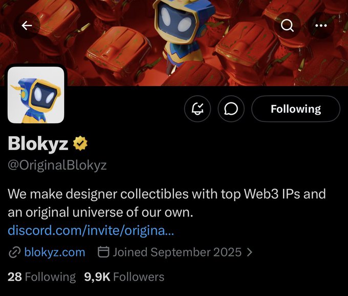 Twitter profile of 'Blokyz' (@OriginalBlokyz) describing themselves as designers of collectibles with top Web3 IPs, with 28 following and 9.9K followers, joined September 2025.