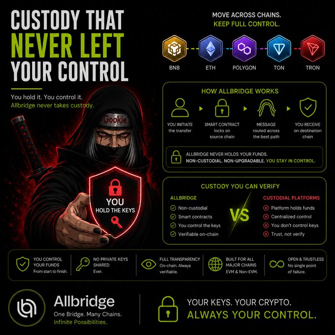 A dark promotional poster for "Allbridge" features a hooded ninja character holding a shield labeled "YOU HOLD THE KEYS," advertising non-custodial crypto transfers across chains including BNB, ETH, POLYGON, TON, and TRON.