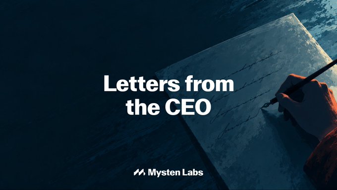 A graphic titled 'Letters from the CEO' by Mysten Labs, showing a hand writing with a quill pen on parchment.