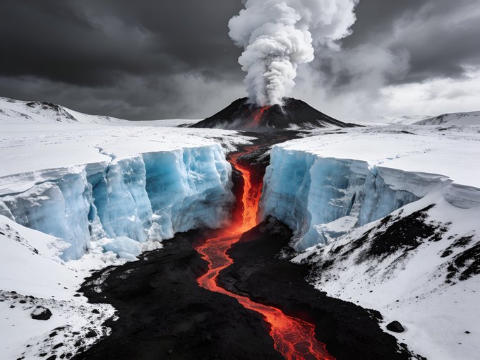 The image shows a volcano with a lava flow, which appears as red-orange liquid flowing down its side. The volcano is surrounded by snow and ice, creating an unusual juxtaposition of elements. The photo has been captioned "Frozen Fury 1/1" and "Objkt Fire carves paths through endless ice." This suggests that the image captures a unique moment where the destructive power of nature contrasts with the frozen landscape surrounding it.

The post seems to be discussing this striking scene, possibly highlighting the contrast between the fiery lava flow and the icy environment. The caption provides context about the image's subject matter and adds an interesting layer of detail for viewers who might want to learn more about the volcano or its surroundings.