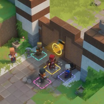 A group of blocky characters, including a red-caped figure, stand on glowing colored grid squares outside stone gates while confronting two rocky Golems, illustrating the tactical positioning needed to battle these stone enemies.