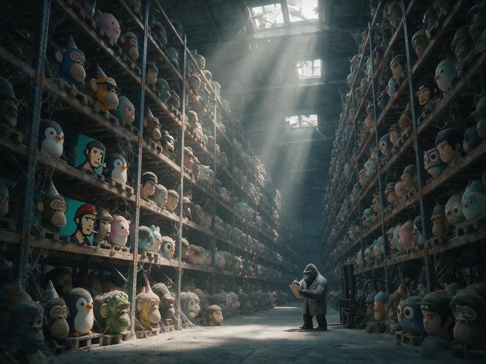 An atmospheric digital artwork depicting a hooded figure examining a clipboard in a vast, dusty warehouse filled floor-to-ceiling with plush toys and figurines, illuminated by shafts of light from above.