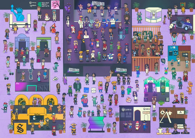 The image features a large cartoon-style map of Miami's community center, which has been turned into an interactive exhibit at the Solana Spaces event. The map displays various elements such as people, buildings, and potted plants throughout the space. The crowd in the image is diverse, with many individuals wearing costumes or engaging in different activities within the community center. This lively scene captures the essence of a fun and exciting event where people gather to enjoy themselves and explore the exhibits together.