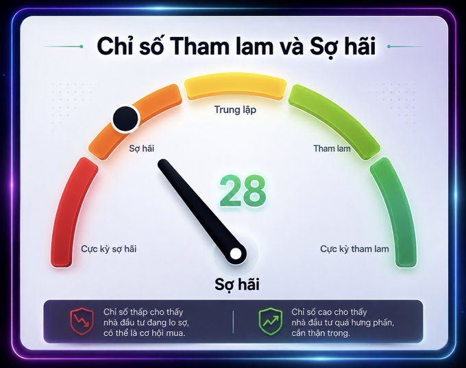 The image displays a Vietnamese Fear & Greed Index gauge showing a current reading of 28, which falls within the "Sợ hãi" (Fear) zone, with labels ranging from "Cực kỳ sợ hãi" (Extreme Fear) on the red left side to "Cực kỳ tham lam" (Extreme Greed) on the green right side. This visually supports the post's message that despite a yearly high of 62 (Greed) on January 15, 2026, sentiment has sharply reversed to a fearful reading of 28, reflecting the market's cautious mood.