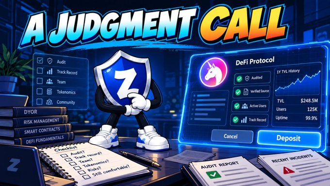 A digital graphic titled "A JUDGMENT CALL" features a blue shield "Z" character with a checklist for auditing DeFi Protocol, showing details like "Audited," "Verified Source," and "TVL $248.5M."