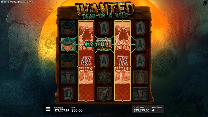 A screenshot of the "Wanted Dead or a Wild" online slot game shows a total win of $23,375.00 from 4 free spins on a $50.00 bet, with a balance of $72,207.97. The image relates to the post as a real-life example of a massive slot win, used to promote the gambling streamers' deposit codes and a $500 giveaway giveaway at stake/rainbet/roobet.