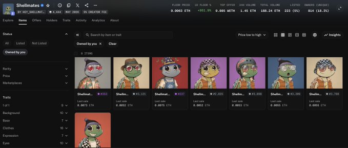 The image displays an NFT marketplace interface (likely Tensor) showing a user's collection of "Shellmates" digital turtle NFTs, with various traits and prices listed (e.g., 3.7523 ETH, 4.223 ETH). The collection shows ownership of multiple turtles with different traits like background and base, supporting the post's mention of sweeping 8 turtles from the Shellmates collection.