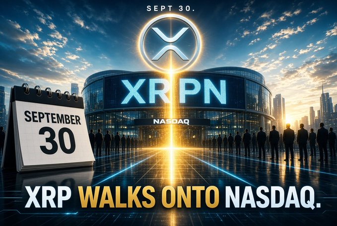 A cinematic promotional graphic announces "SEPT 30" via a calendar and a glowing XRP logo above a NASDAQ building, with the bold tagline "XRP WALKS ONTO NASDAQ." The image visually reinforces the post's message about the upcoming Armada shareholder vote on the Evernorth merger, which would create a public XRP treasury vehicle ($XRPN) holding ~473 million XRP on Nasdaq.