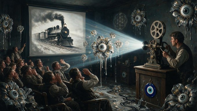 A surreal digital artwork showing a man projecting an image of a steam train onto a screen for an audience, while strange metallic flowers with eyes watch the scene.