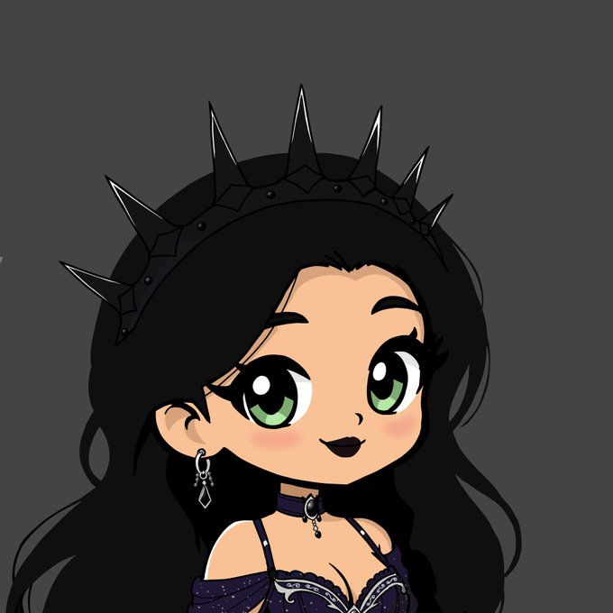 A cartoon/avatar-style illustration of a girl with long black hair, green eyes, a spiked black crown, and a gothic-style outfit.