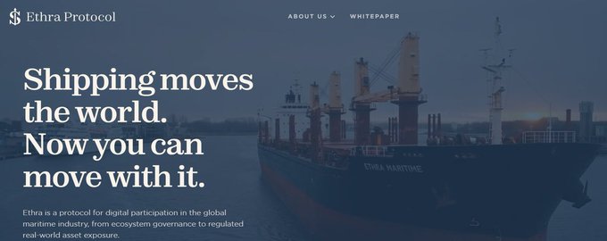 Website header for 'Ethra Protocol' with the headline 'Shipping moves the world. Now you can move with it.' over a background image of a cargo ship named 'ETHRA HARMONY'.