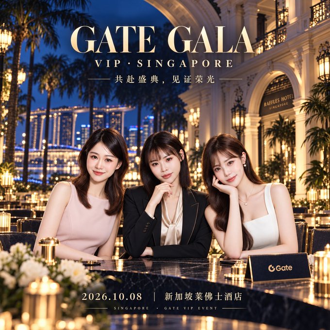A promotional poster for a "GATE GALA VIP • SINGAPORE" event on 2026.10.08 at the Raffles Hotel Singapore, featuring three young women seated at a table, with Chinese text "共赴盛典，见证荣光" and a Gate logo.