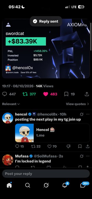 Twitter/X post showing 'swordcat' trading portfolio with PNL of +1458.39%, invested $5.72K for +$83.39K profit on AXIOM Pro, posted by @hencol0x at 05:42.