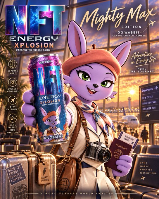 A promotional advertisement for "NFT Energy Xplosion" carbonated energy drink featuring an anthropomorphic purple rabbit character named "Mighty Max," an OG Wabbit and Carrot Council member, holding the drink and a passport in an airport setting with text reading "Adventure in Every Sip" and "Fuel the Journey."