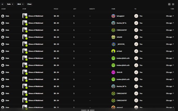 A list of "Dinos of Wallstreet" NFT sales on OpenSea, showing multiple transactions priced between $9.71 and $9.94, all purchased by "You" from various sellers over the past 35-39 minutes. The screenshot illustrates the post's theme of bulk-buying Dinos cheaply, though prices appear to be approaching $10 rather than strictly under it.