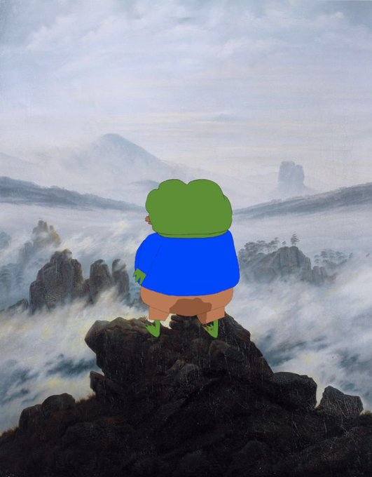 A cartoon character with a green head and blue shirt stands on a rocky peak, reminiscent of the 'Wanderer above the Sea of Fog' painting.